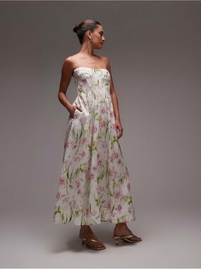 Bardot corset midi dress in summer white floral